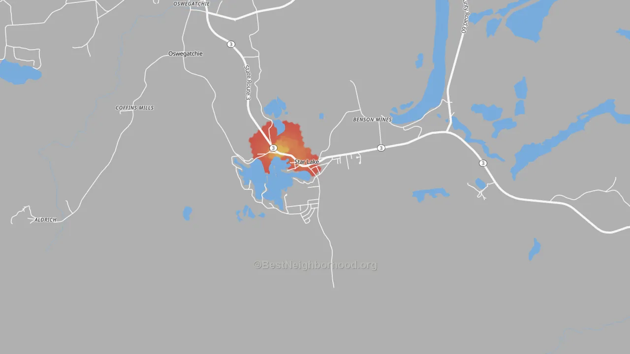 Walk Grade map of 13690, NY, walkable areas in green and car-dependent areas in red