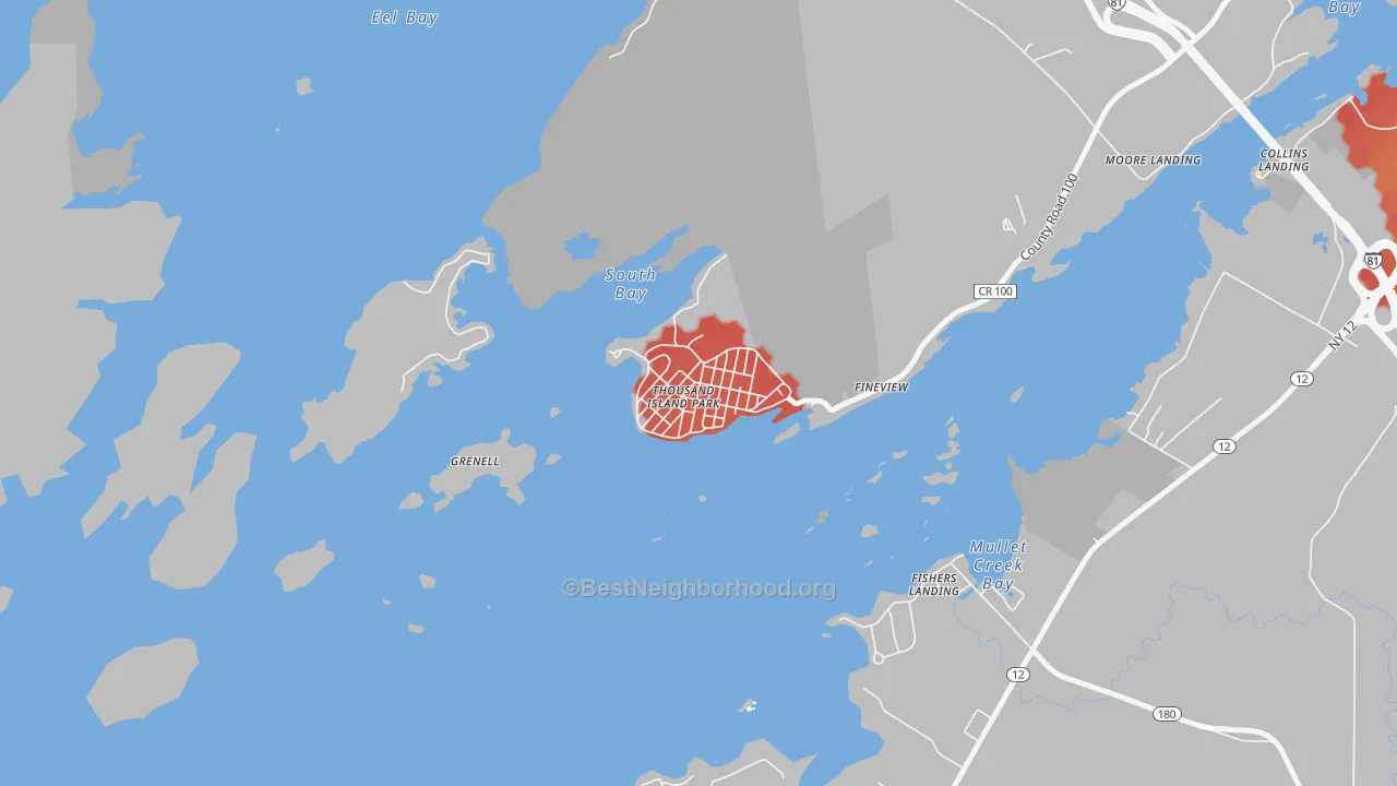 Walk Grade map of 13692, NY, walkable areas in green and car-dependent areas in red