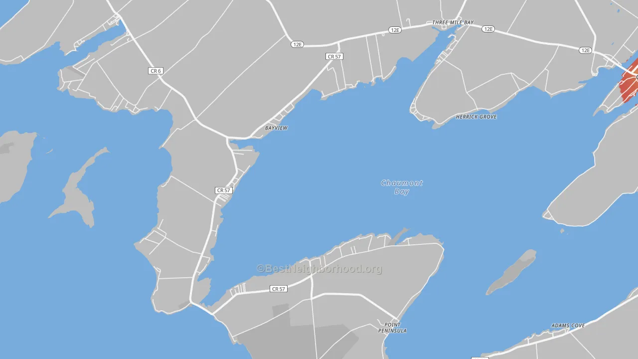 Walk Grade map of 13693, NY, walkable areas in green and car-dependent areas in red