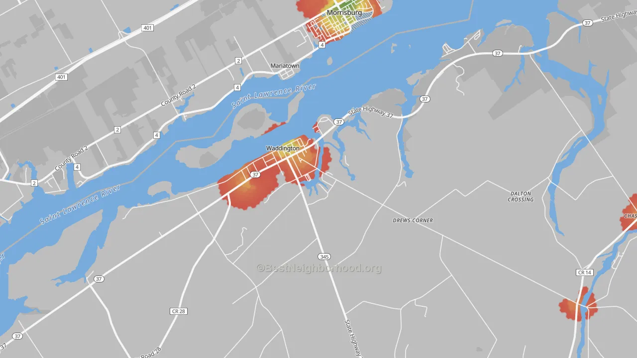Walk Grade map of 13694, NY, walkable areas in green and car-dependent areas in red