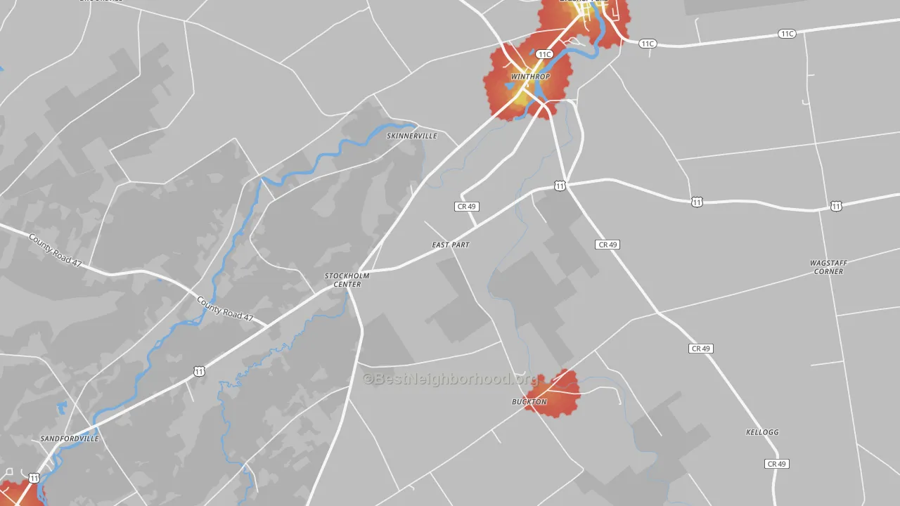 Walk Grade map of 13697, NY, walkable areas in green and car-dependent areas in red