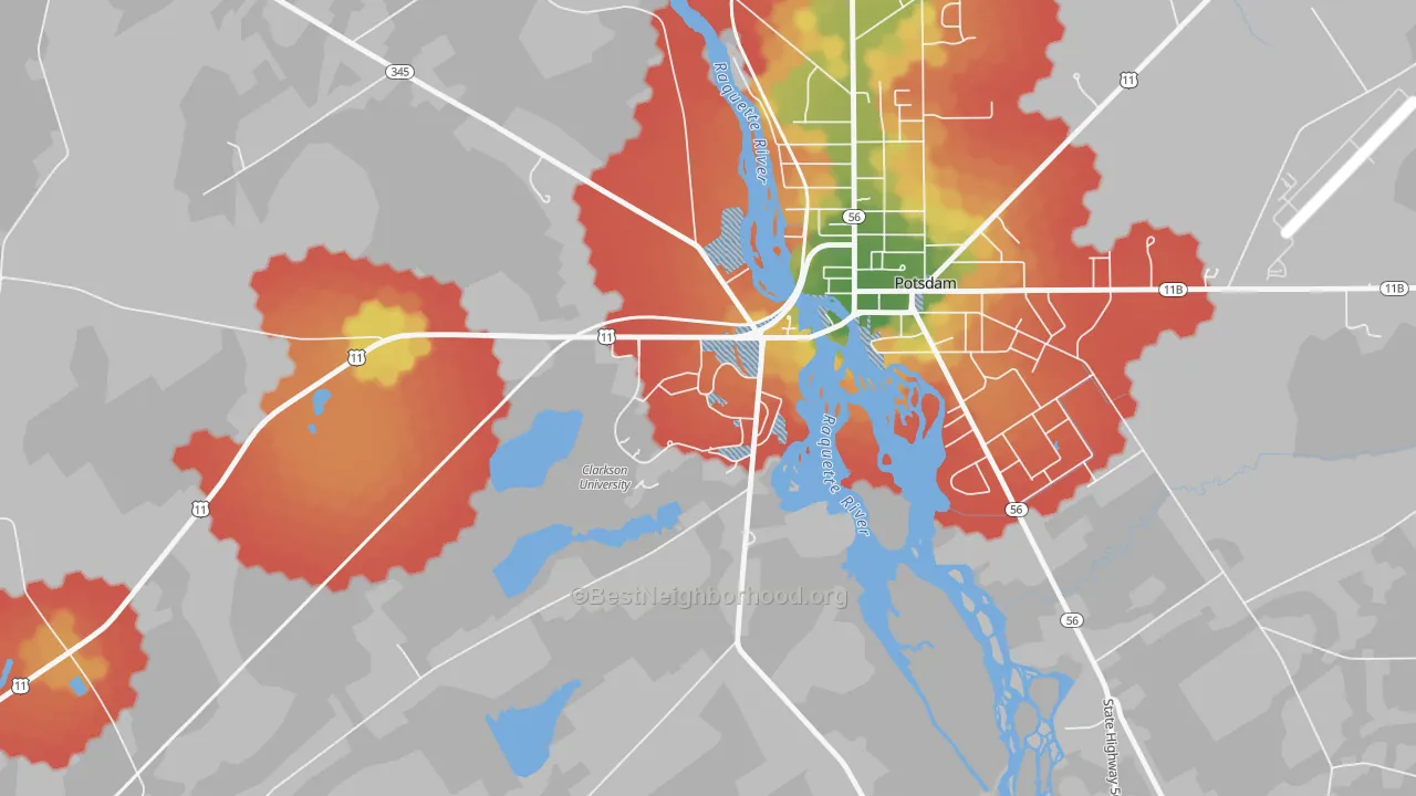 Walk Grade map of 13699, NY, walkable areas in green and car-dependent areas in red