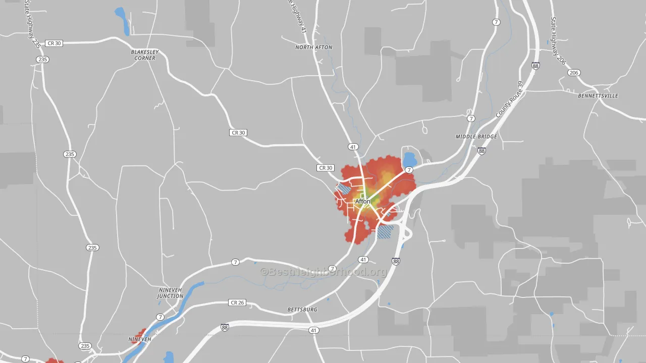 Walk Grade map of 13730, NY, walkable areas in green and car-dependent areas in red