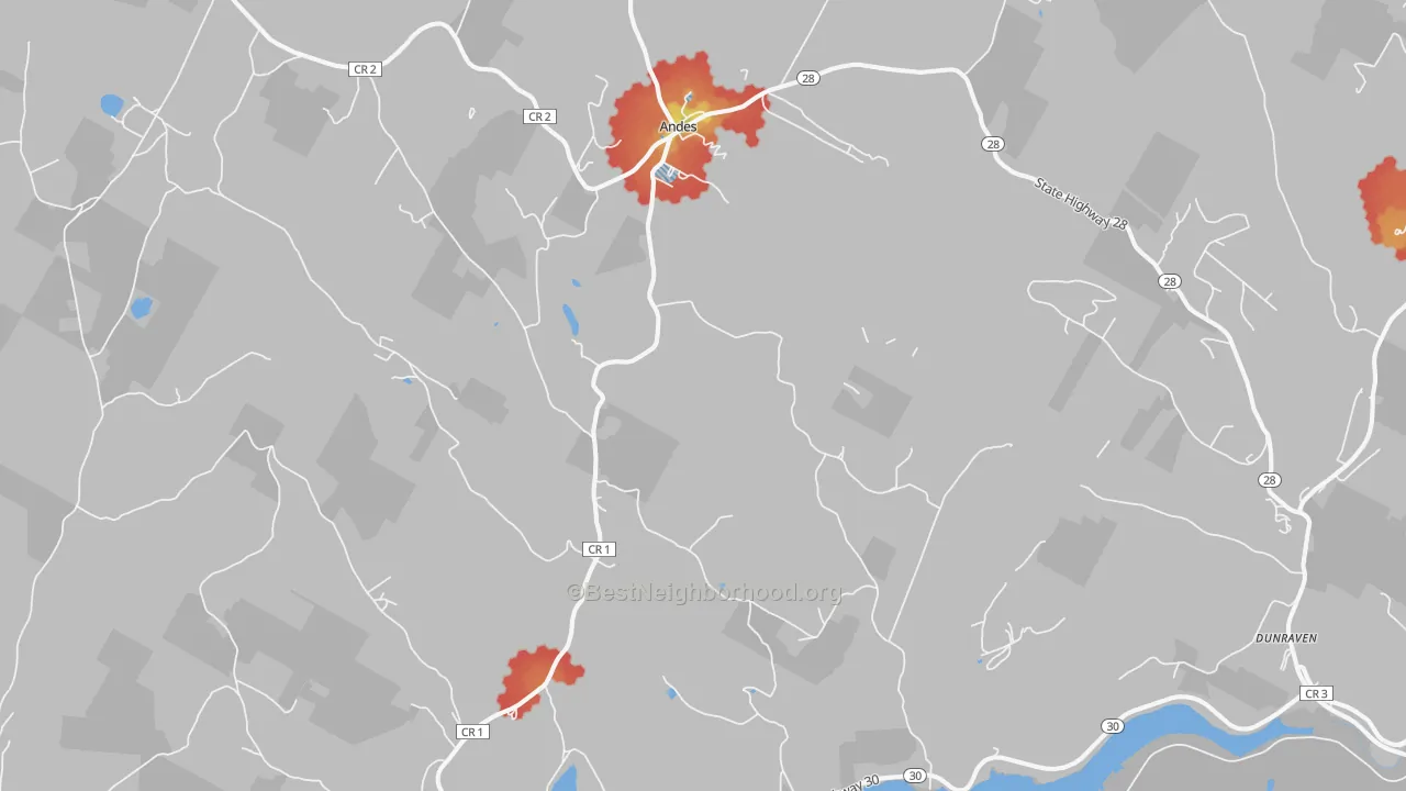 Walk Grade map of 13731, NY, walkable areas in green and car-dependent areas in red