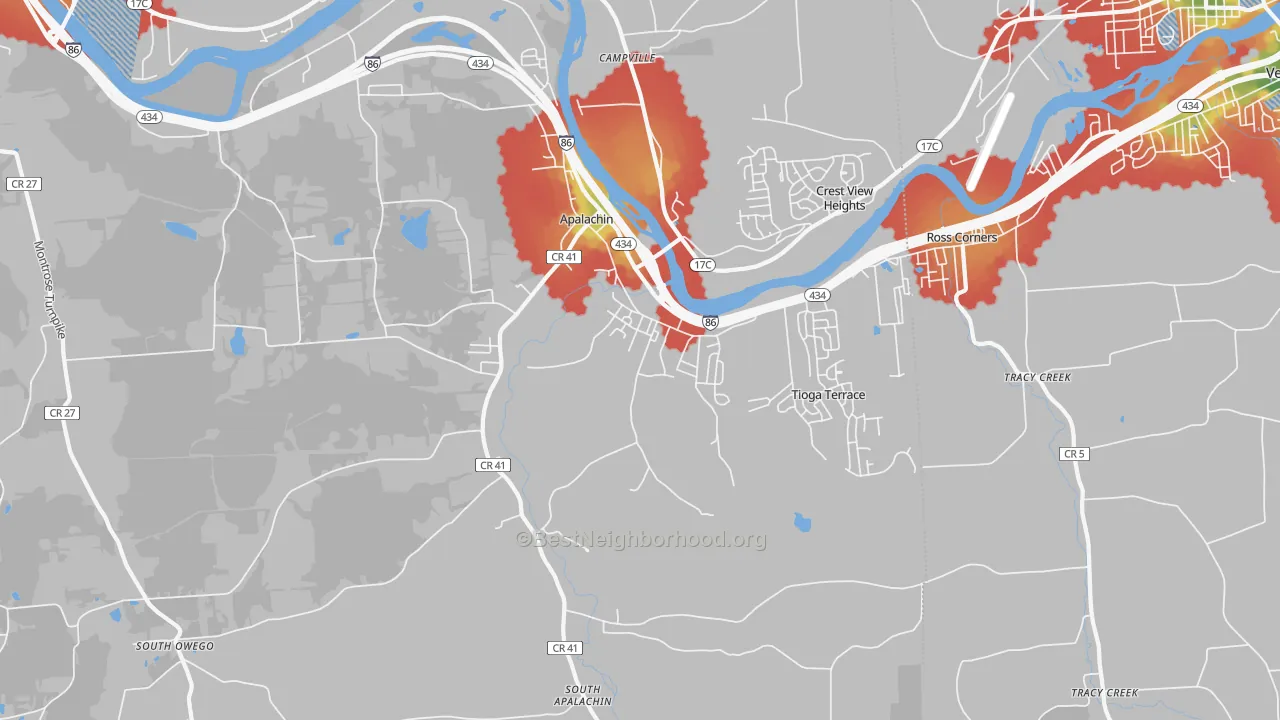 Walk Grade map of 13732, NY, walkable areas in green and car-dependent areas in red