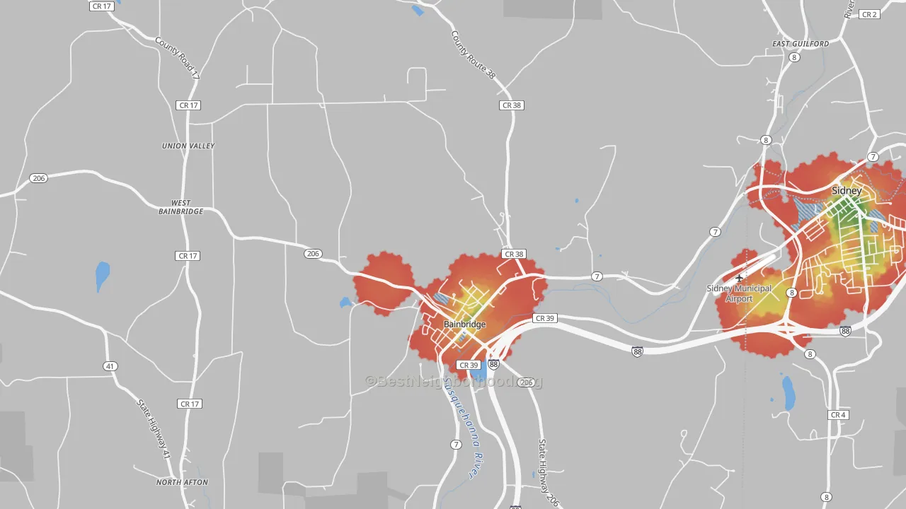 Walk Grade map of 13733, NY, walkable areas in green and car-dependent areas in red