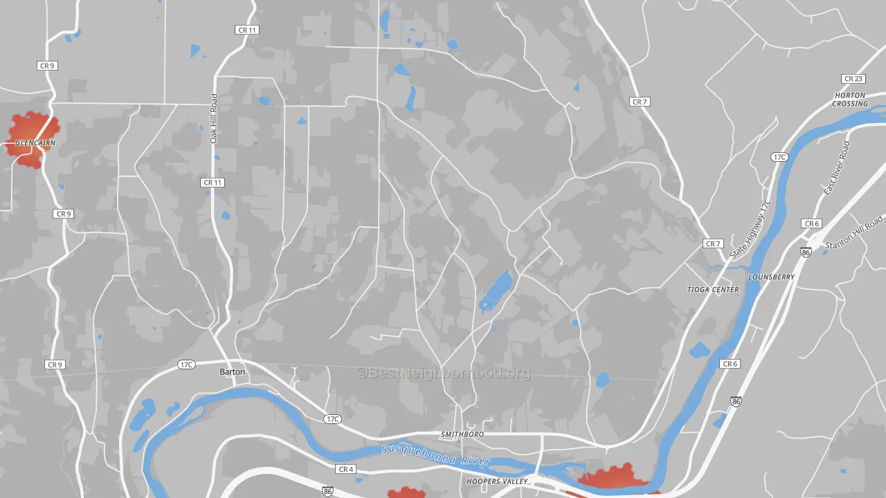 Walk Grade map of 13734, NY, walkable areas in green and car-dependent areas in red