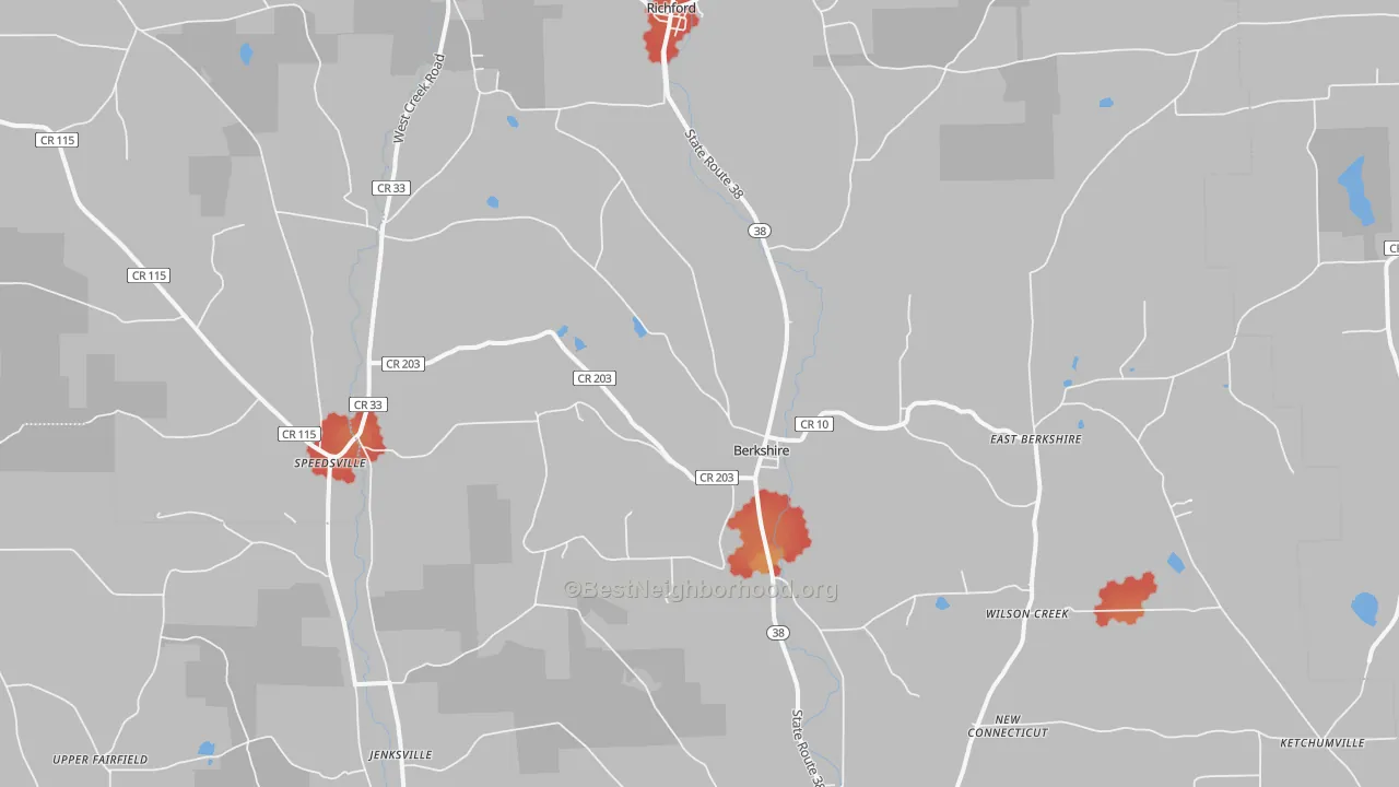 Walk Grade map of 13736, NY, walkable areas in green and car-dependent areas in red
