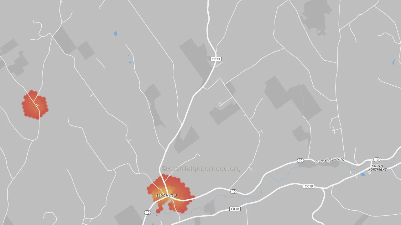 Walk Grade map of 13739, NY, walkable areas in green and car-dependent areas in red