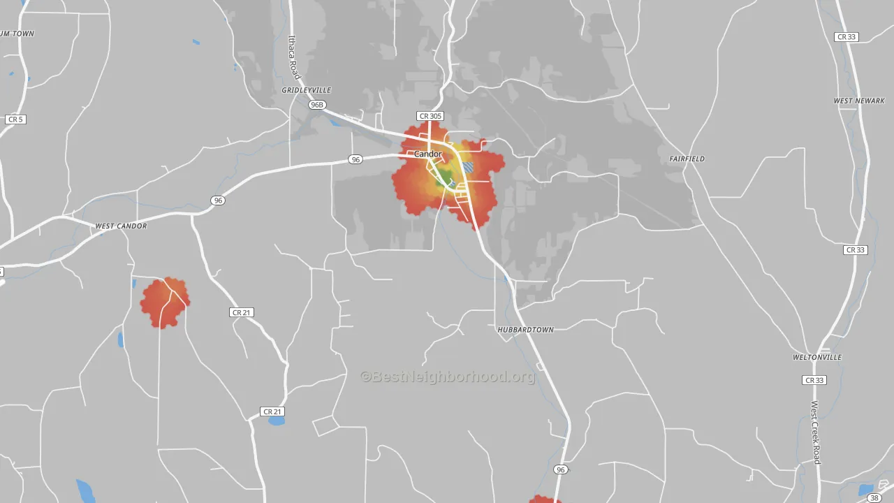 Walk Grade map of 13743, NY, walkable areas in green and car-dependent areas in red