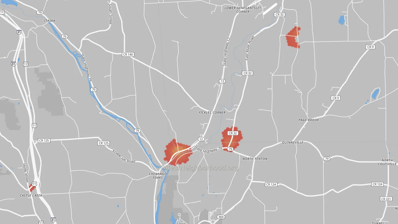 Walk Grade map of 13746, NY, walkable areas in green and car-dependent areas in red
