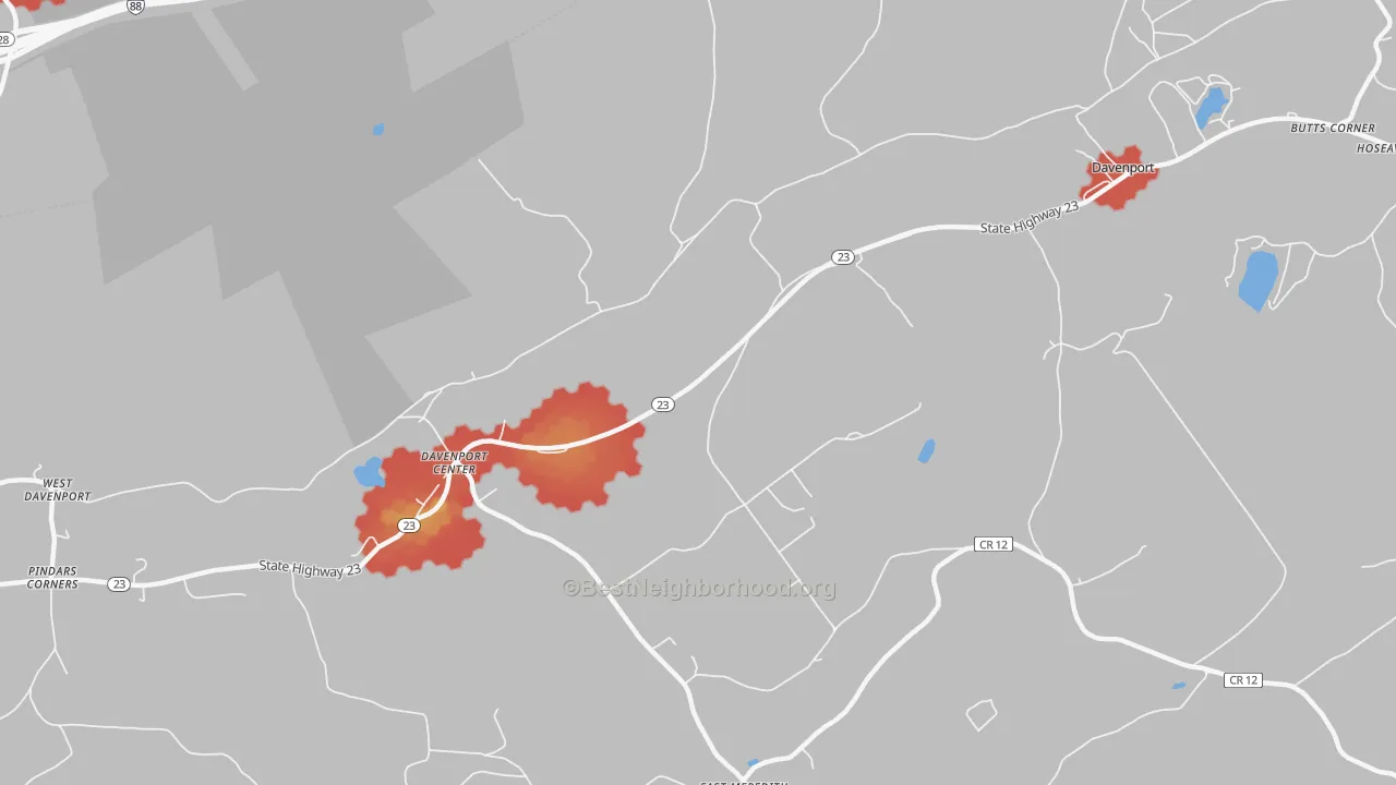 Walk Grade map of 13751, NY, walkable areas in green and car-dependent areas in red