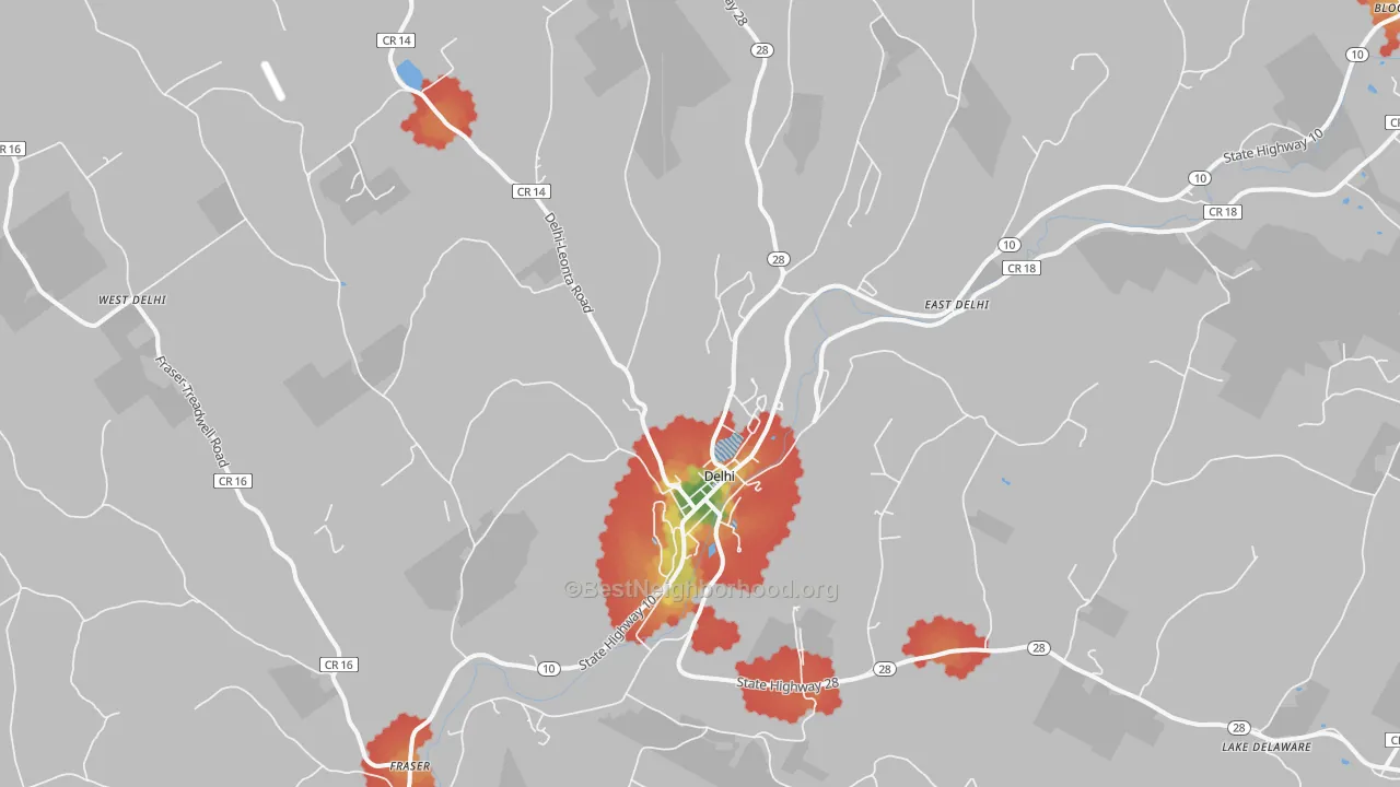 Walk Grade map of 13753, NY, walkable areas in green and car-dependent areas in red