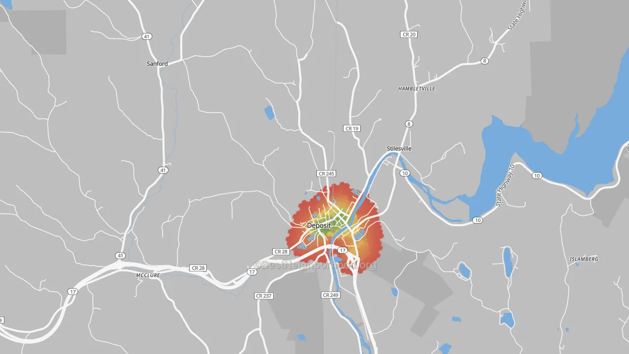 Walk Grade map of 13754, NY, walkable areas in green and car-dependent areas in red