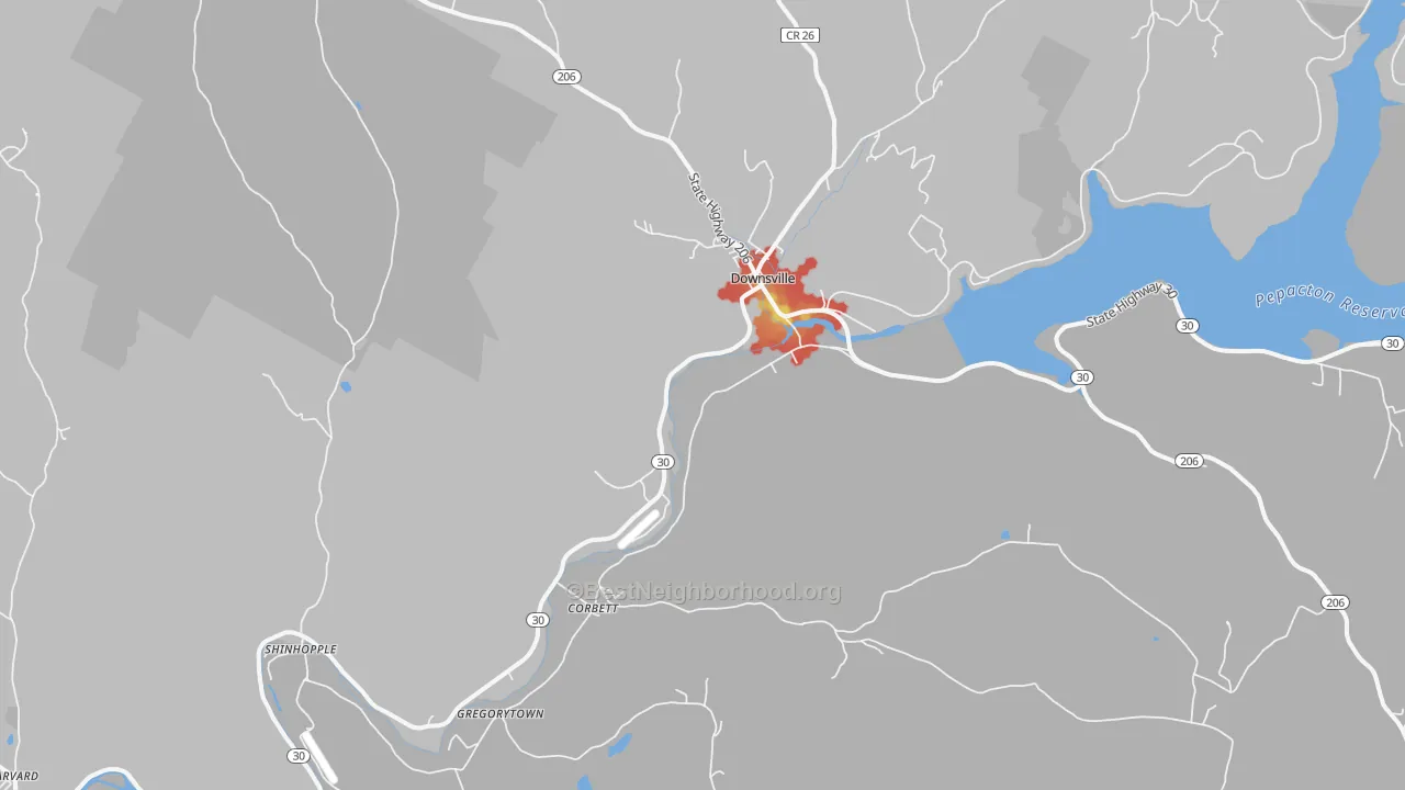 Walk Grade map of 13755, NY, walkable areas in green and car-dependent areas in red