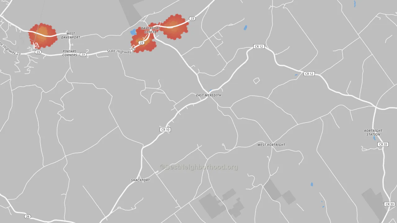 Walk Grade map of 13757, NY, walkable areas in green and car-dependent areas in red