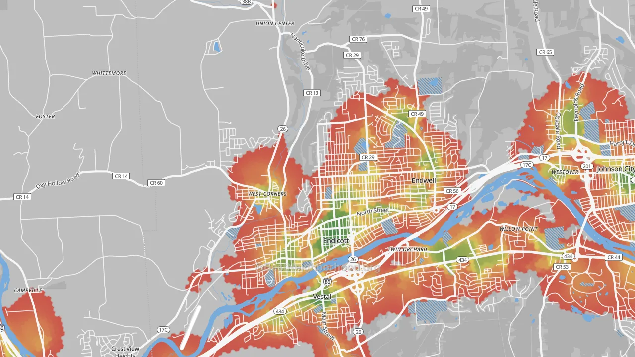Walk Grade map of 13760, NY, walkable areas in green and car-dependent areas in red