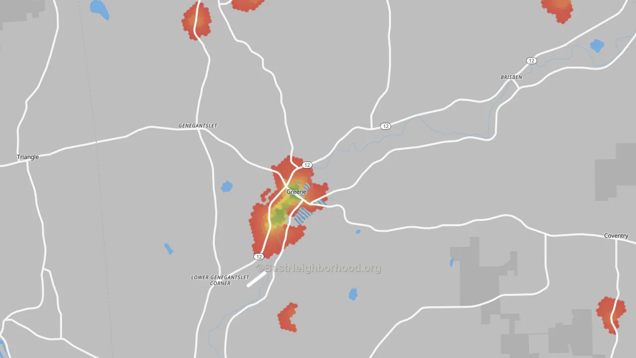 Walk Grade map of 13778, NY, walkable areas in green and car-dependent areas in red