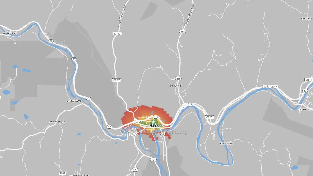 Walk Grade map of 13783, NY, walkable areas in green and car-dependent areas in red