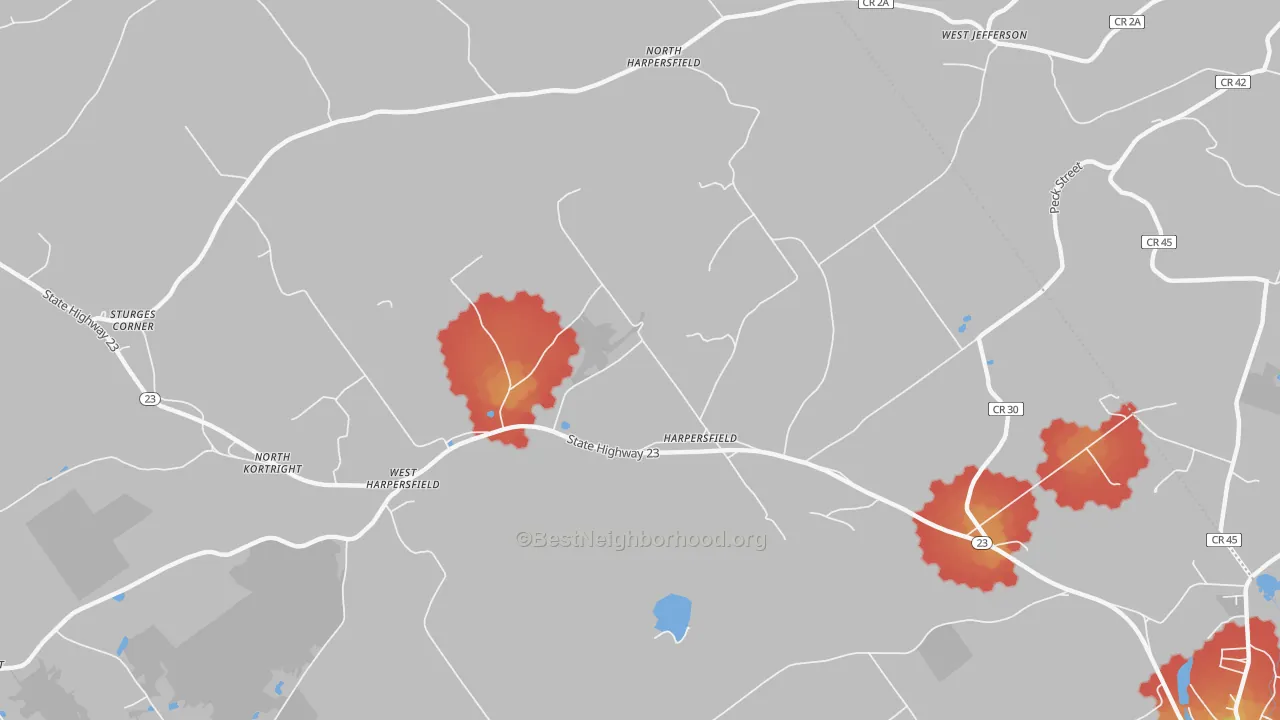Walk Grade map of 13786, NY, walkable areas in green and car-dependent areas in red