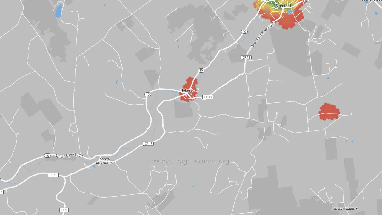 Walk Grade map of 13788, NY, walkable areas in green and car-dependent areas in red