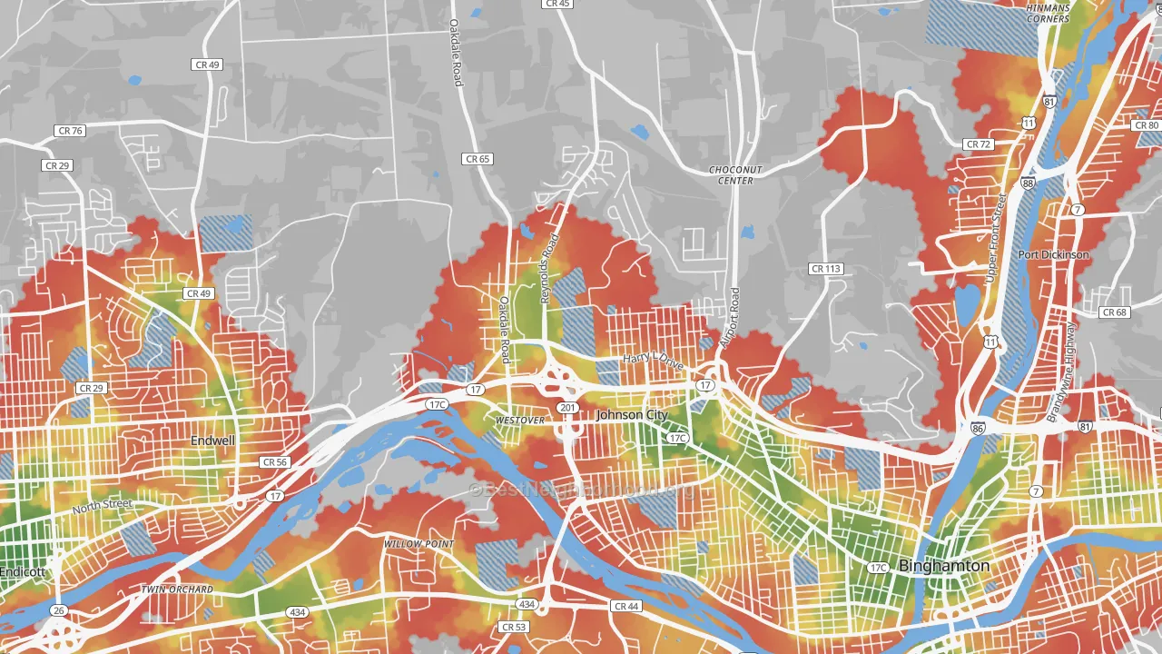 Walk Grade map of 13790, NY, walkable areas in green and car-dependent areas in red