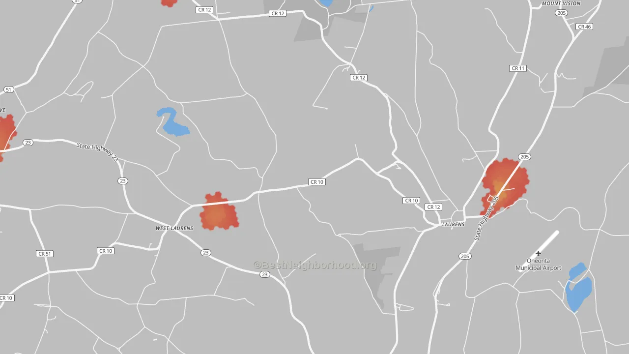 Walk Grade map of 13796, NY, walkable areas in green and car-dependent areas in red