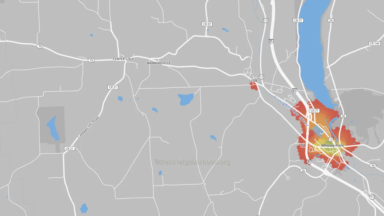 Walk Grade map of 13797, NY, walkable areas in green and car-dependent areas in red