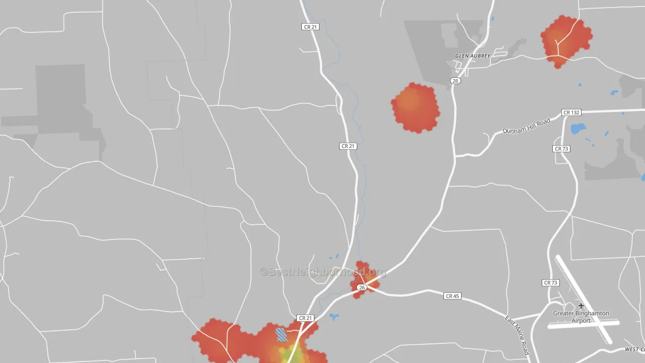 Walk Grade map of 13802, NY, walkable areas in green and car-dependent areas in red
