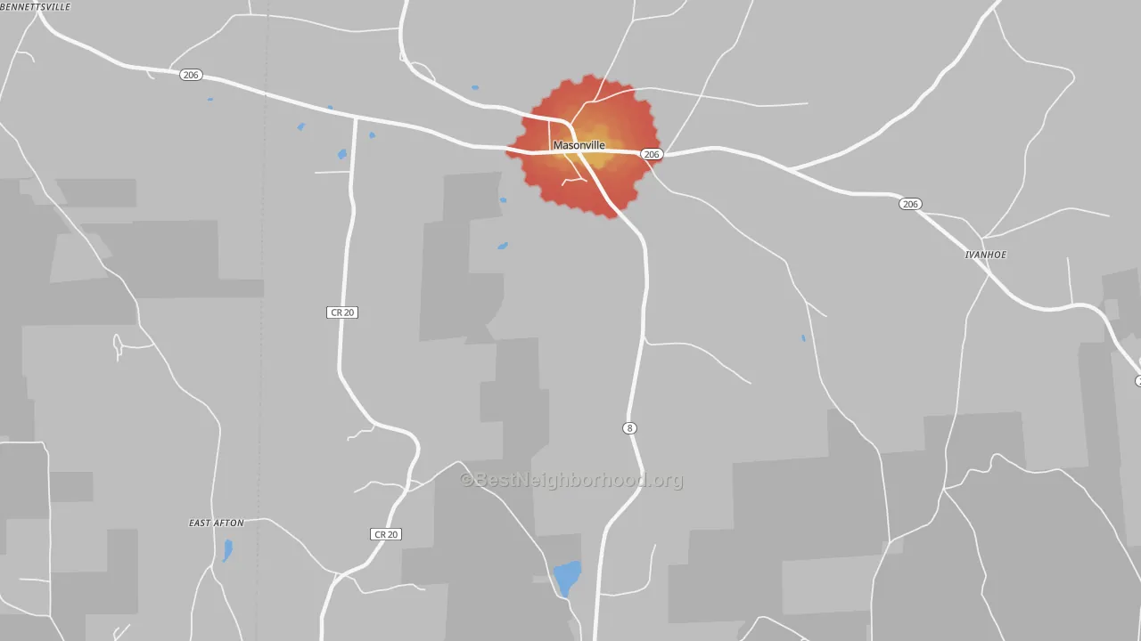 Walk Grade map of 13804, NY, walkable areas in green and car-dependent areas in red