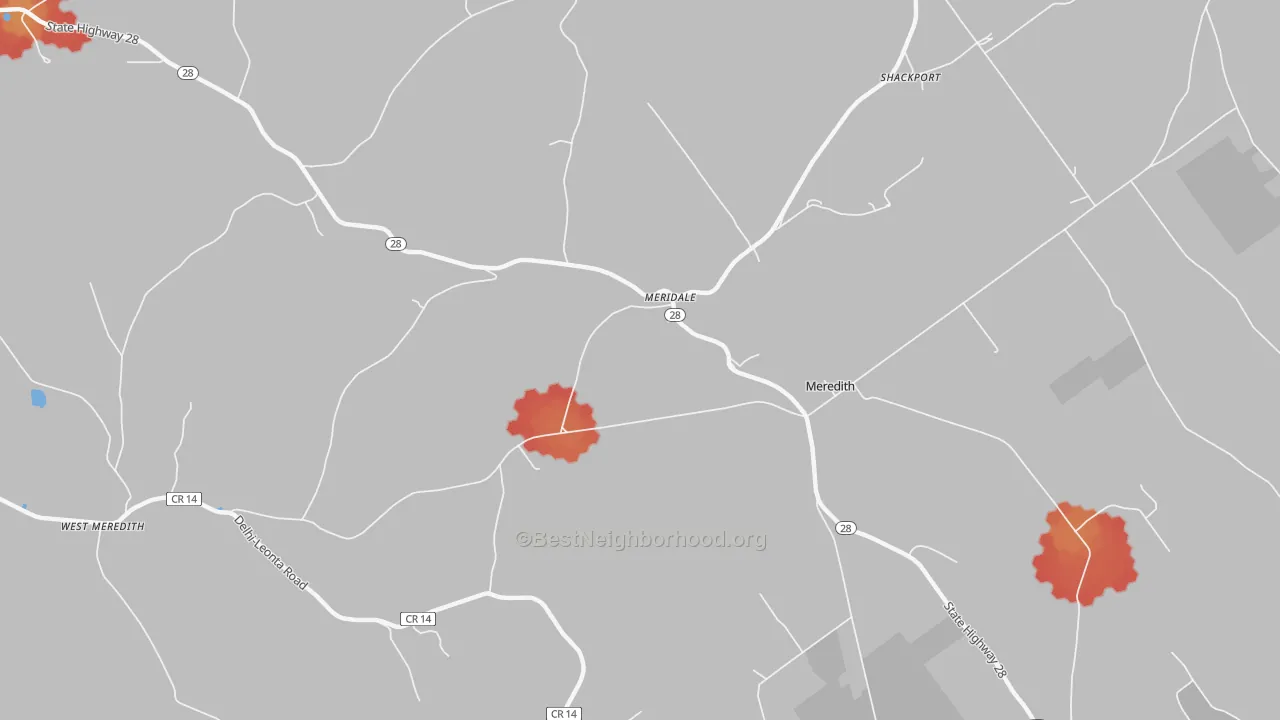 Walk Grade map of 13806, NY, walkable areas in green and car-dependent areas in red