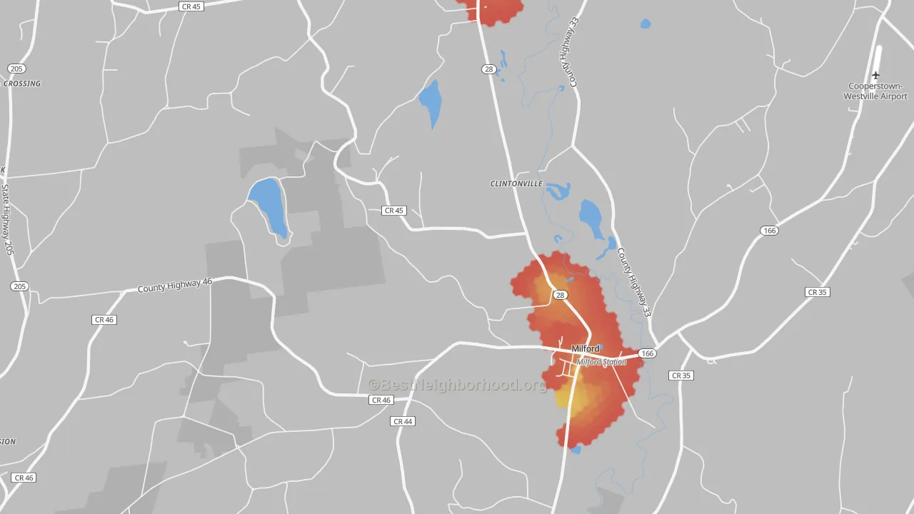 Walk Grade map of 13807, NY, walkable areas in green and car-dependent areas in red