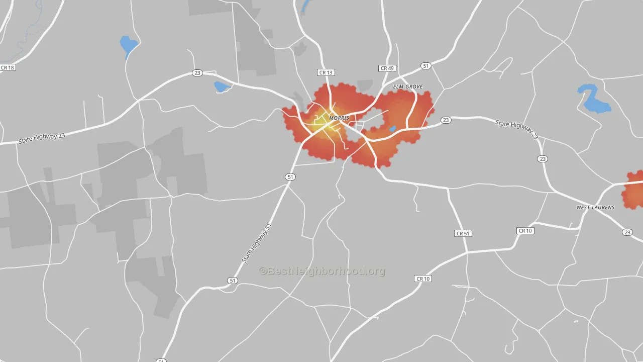 Walk Grade map of 13808, NY, walkable areas in green and car-dependent areas in red
