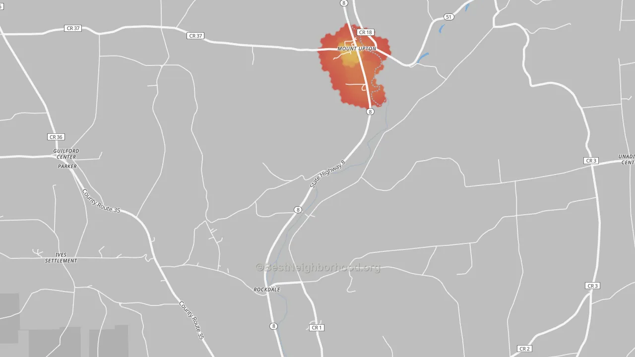 Walk Grade map of 13809, NY, walkable areas in green and car-dependent areas in red