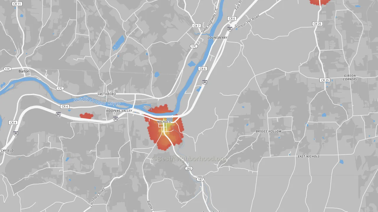 Walk Grade map of 13812, NY, walkable areas in green and car-dependent areas in red