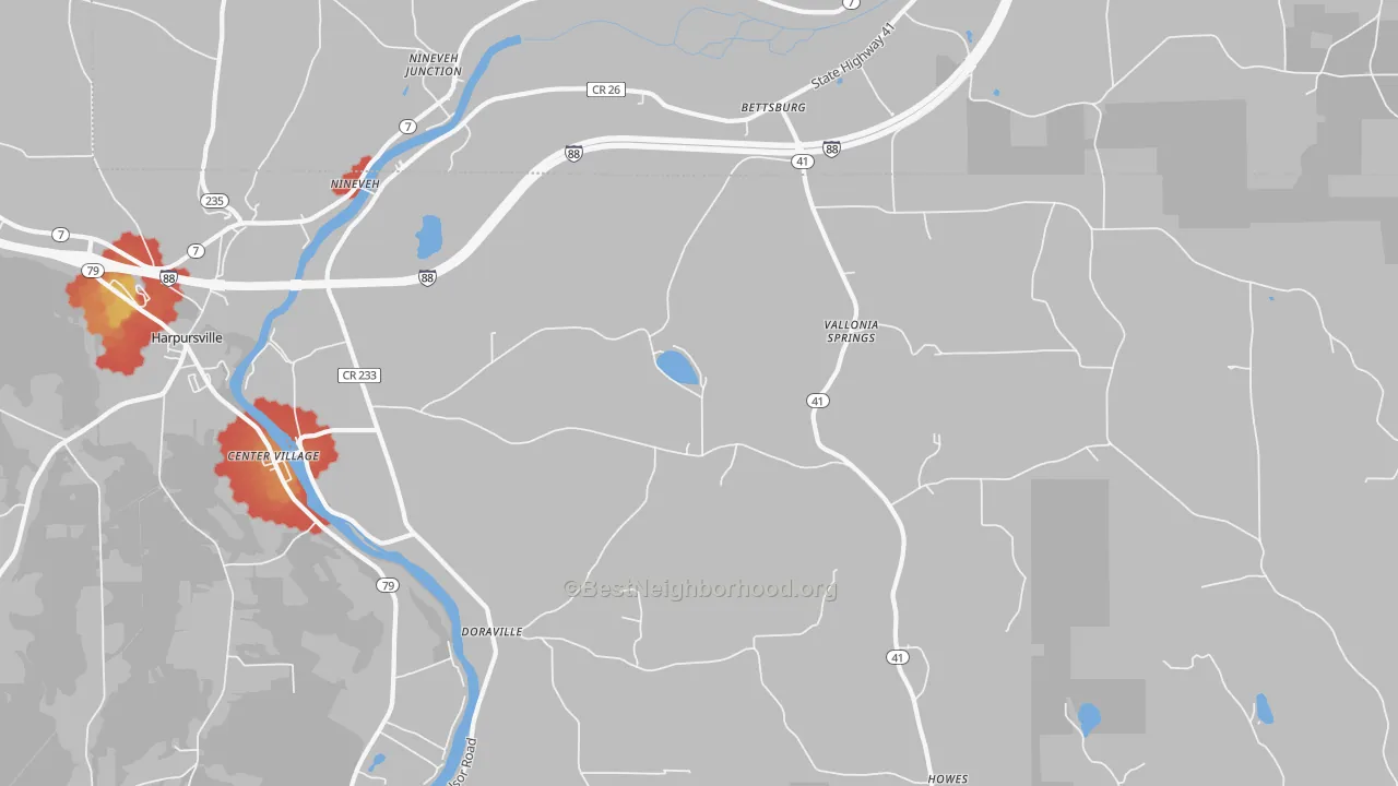 Walk Grade map of 13813, NY, walkable areas in green and car-dependent areas in red