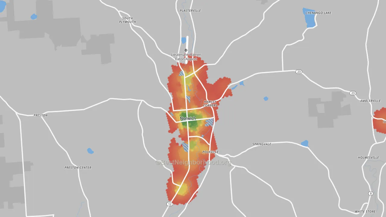 Walk Grade map of 13815, NY, walkable areas in green and car-dependent areas in red