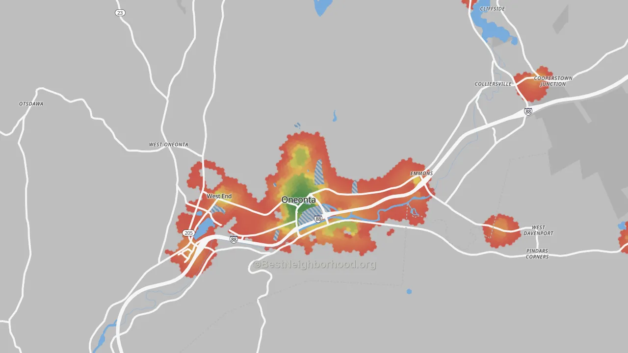 Walk Grade map of 13820, NY, walkable areas in green and car-dependent areas in red