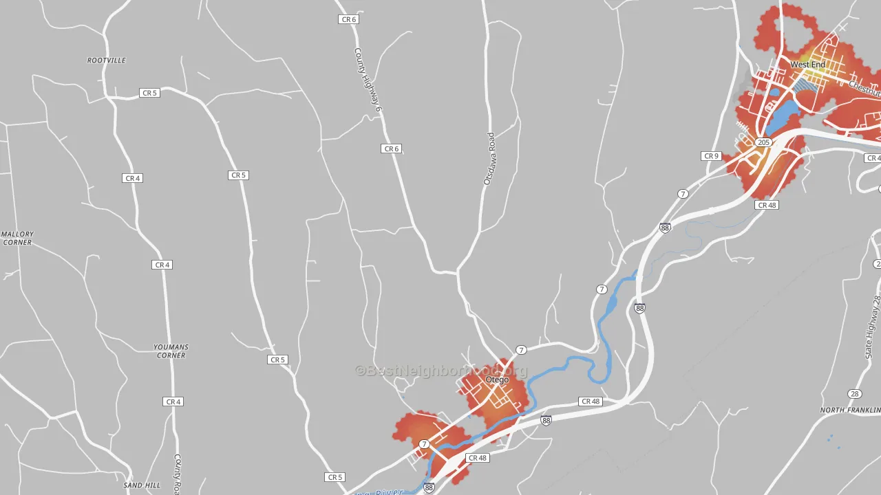 Walk Grade map of 13825, NY, walkable areas in green and car-dependent areas in red
