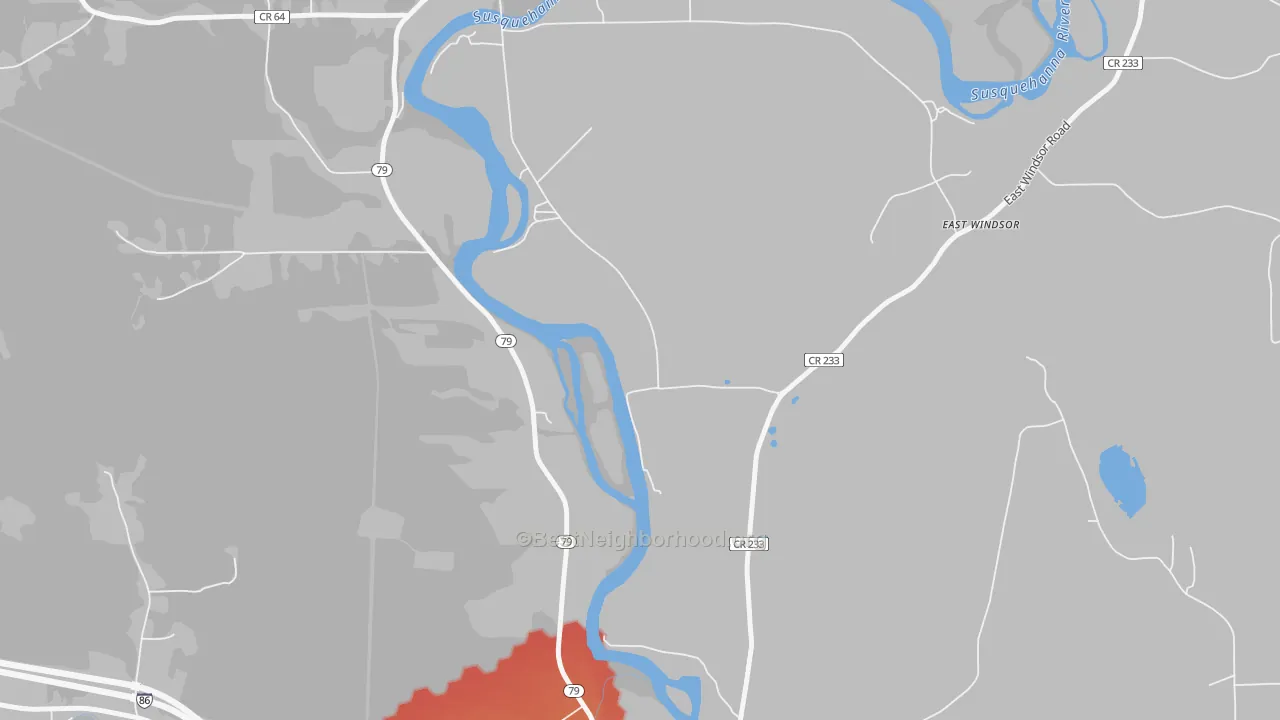 Walk Grade map of 13826, NY, walkable areas in green and car-dependent areas in red