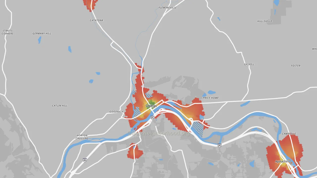 Walk Grade map of 13827, NY, walkable areas in green and car-dependent areas in red