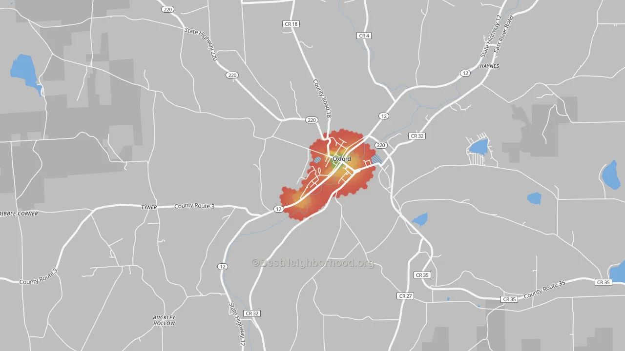 Walk Grade map of 13830, NY, walkable areas in green and car-dependent areas in red