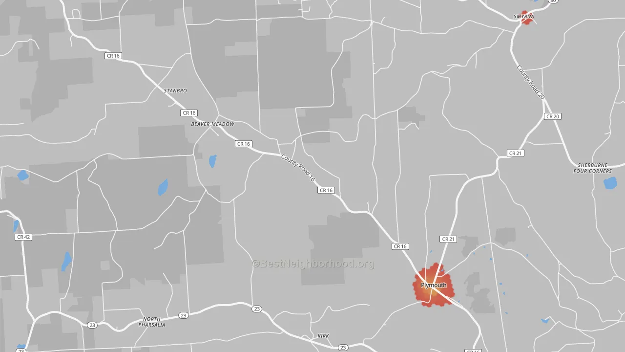Walk Grade map of 13832, NY, walkable areas in green and car-dependent areas in red