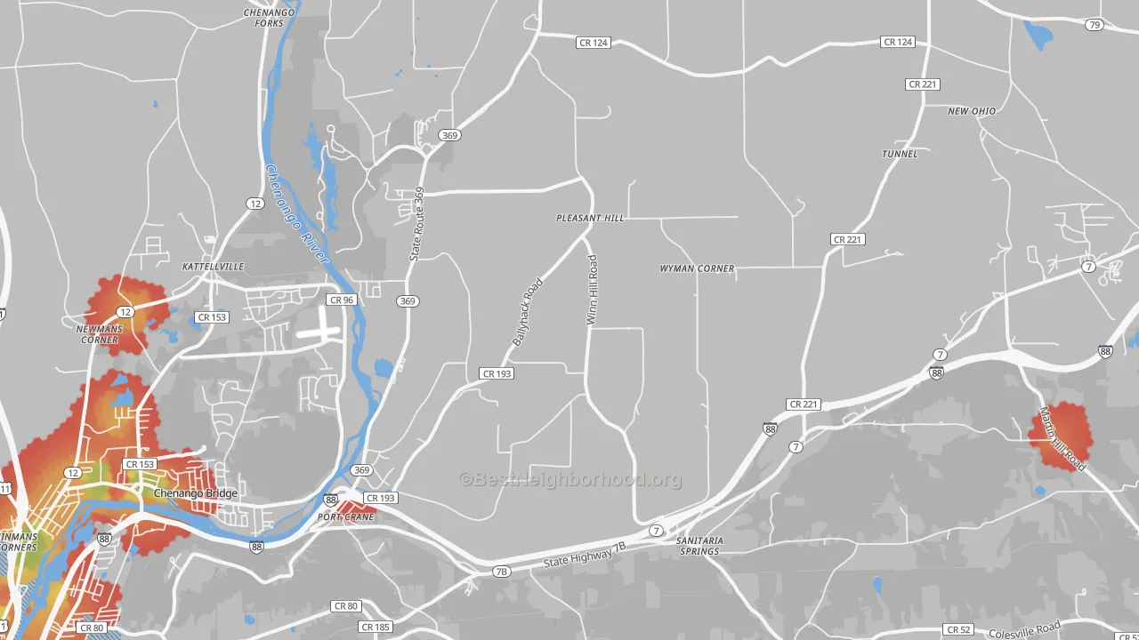 Walk Grade map of 13833, NY, walkable areas in green and car-dependent areas in red