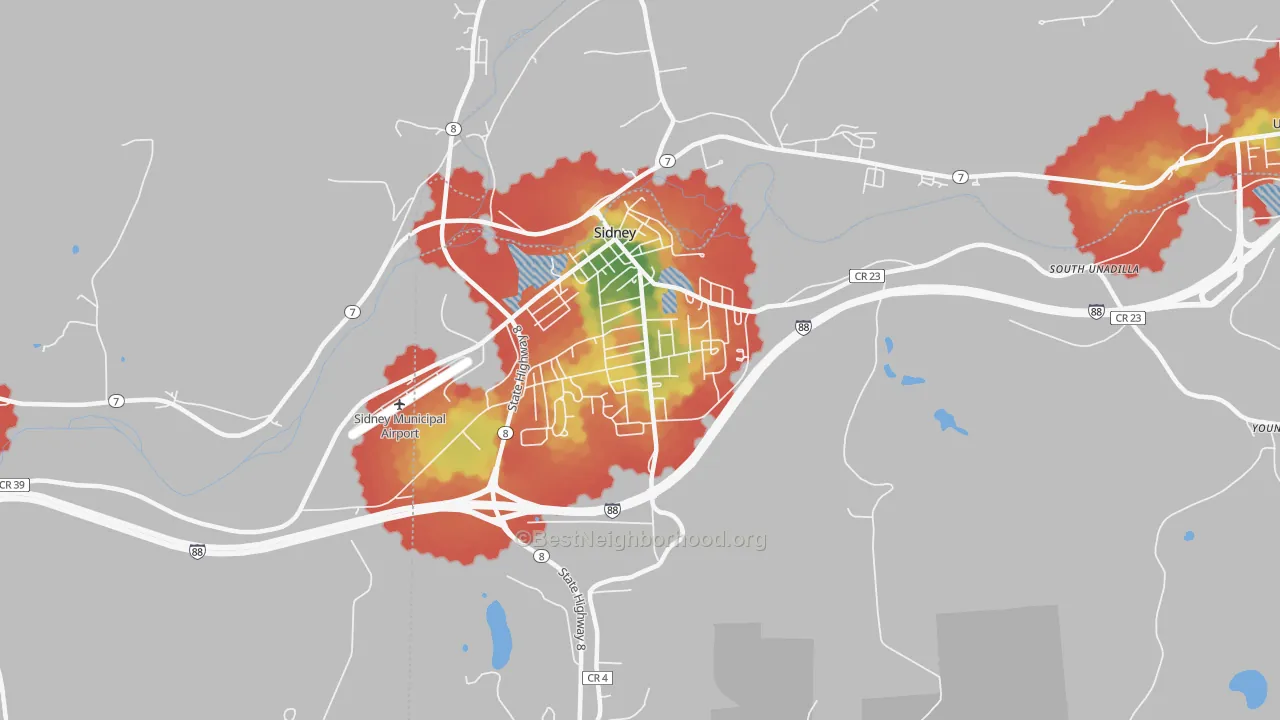 Walk Grade map of 13838, NY, walkable areas in green and car-dependent areas in red