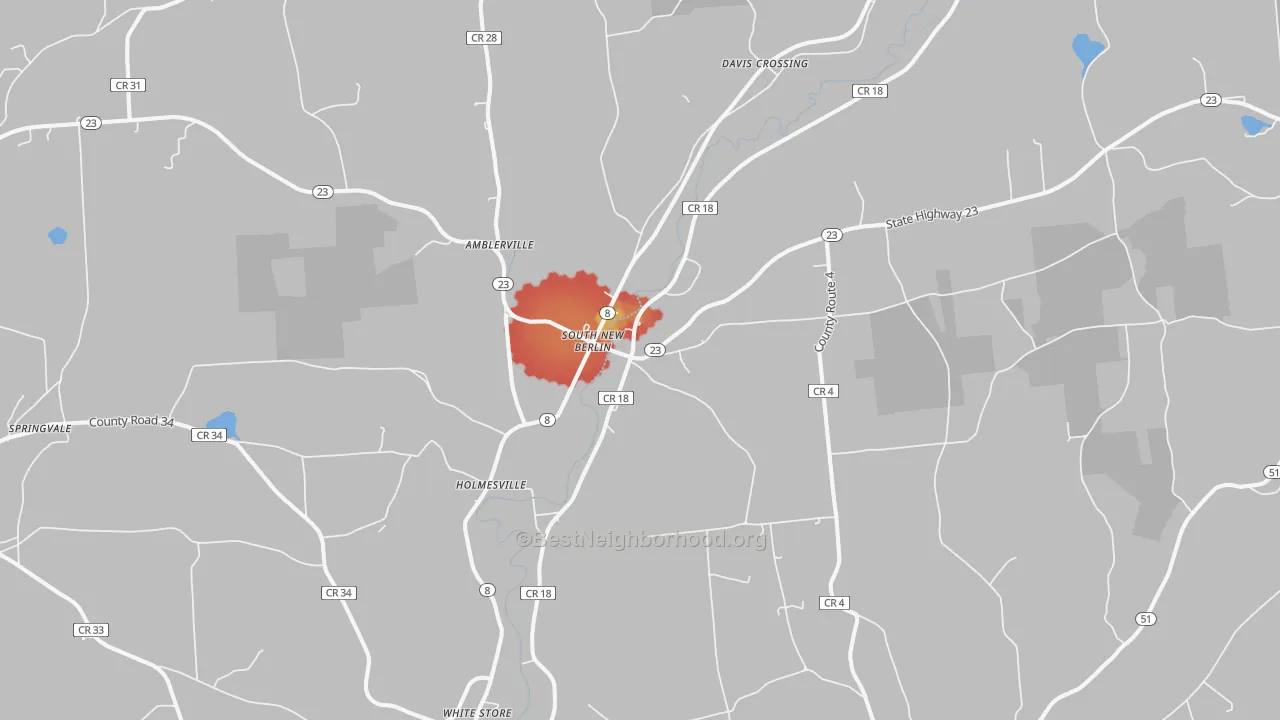 Walk Grade map of 13843, NY, walkable areas in green and car-dependent areas in red