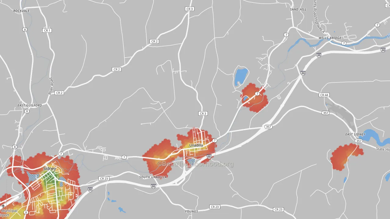Walk Grade map of 13849, NY, walkable areas in green and car-dependent areas in red