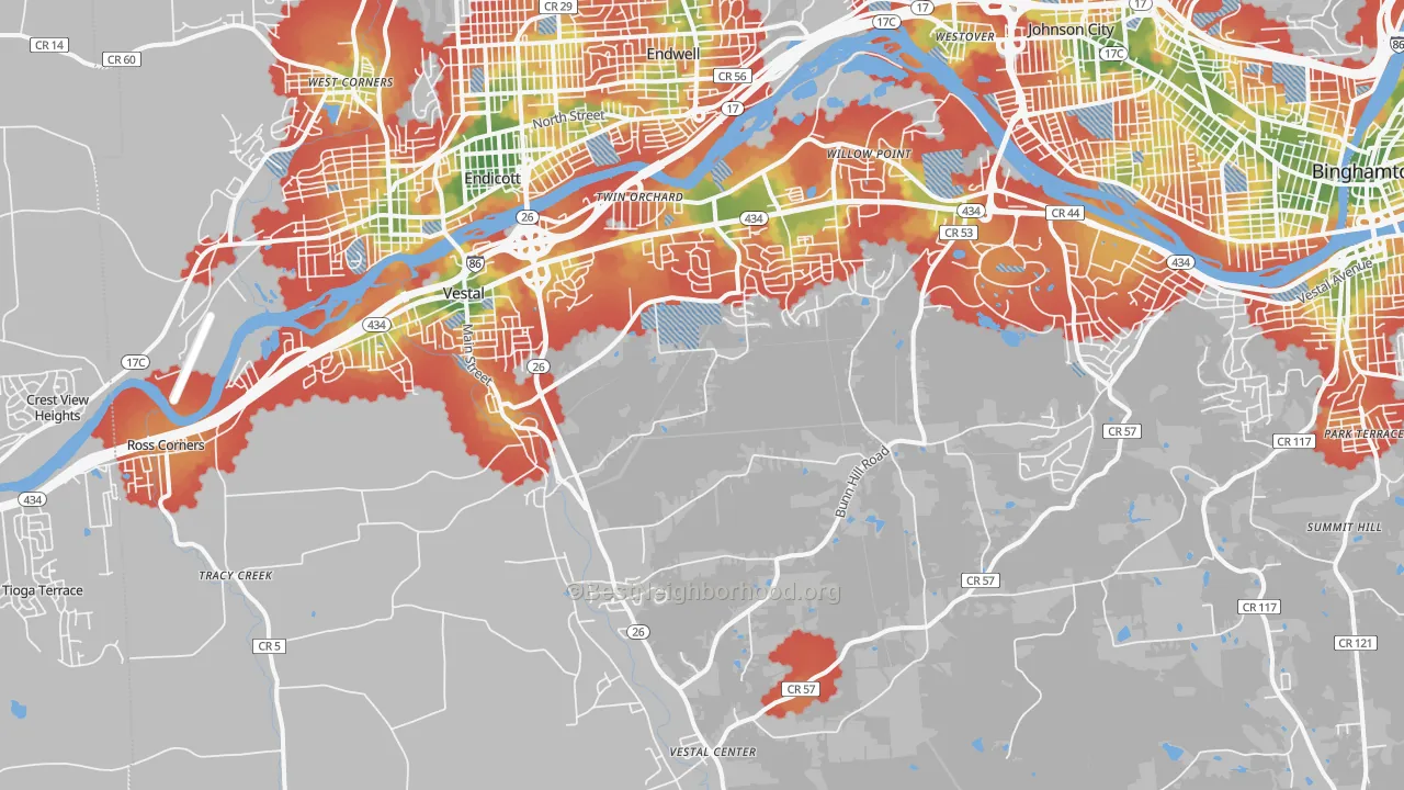 Walk Grade map of 13850, NY, walkable areas in green and car-dependent areas in red