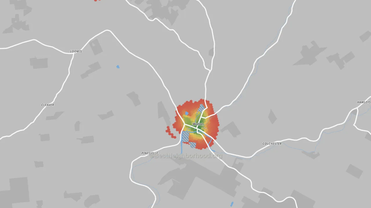 Walk Grade map of 13856, NY, walkable areas in green and car-dependent areas in red