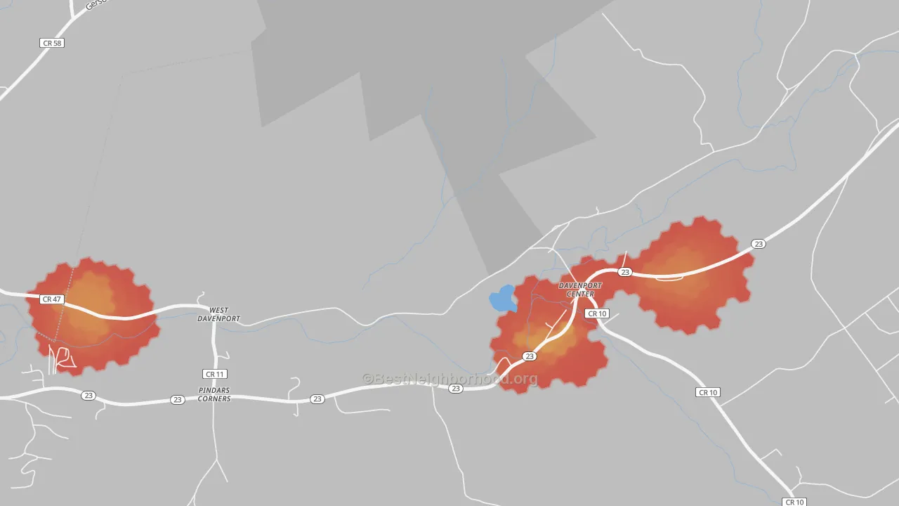 Walk Grade map of 13860, NY, walkable areas in green and car-dependent areas in red